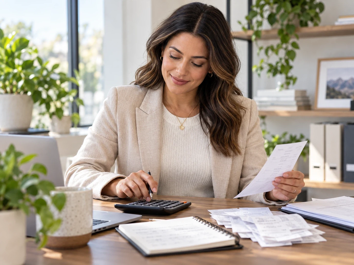 Working through accounting records beside a laptop
