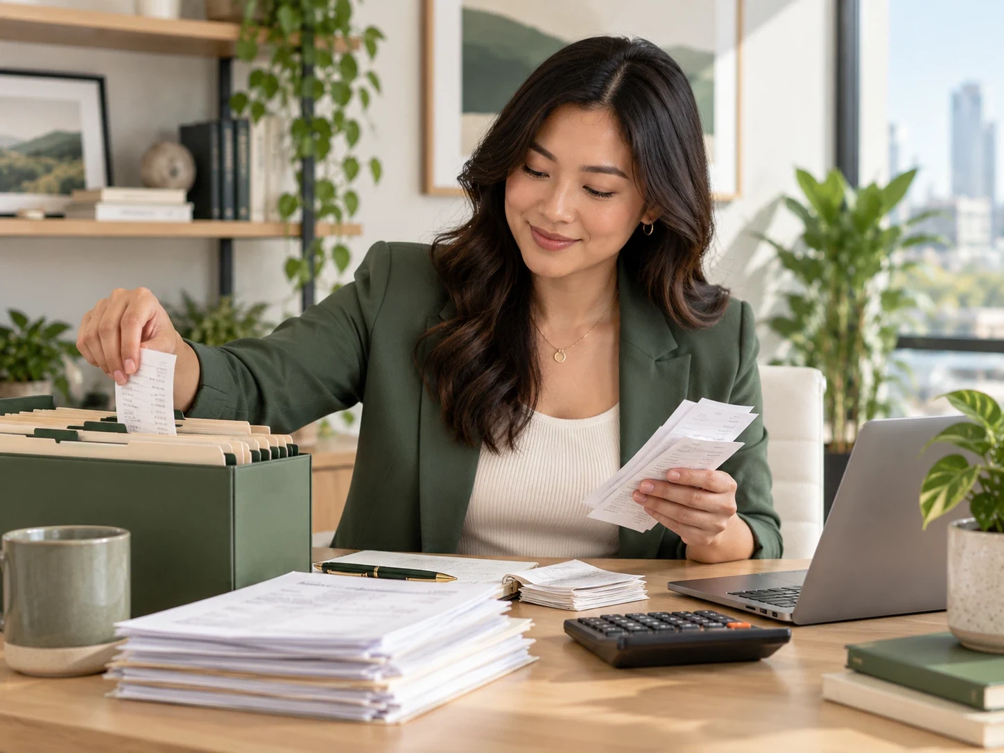 Organizing financial records and receipts at a desk