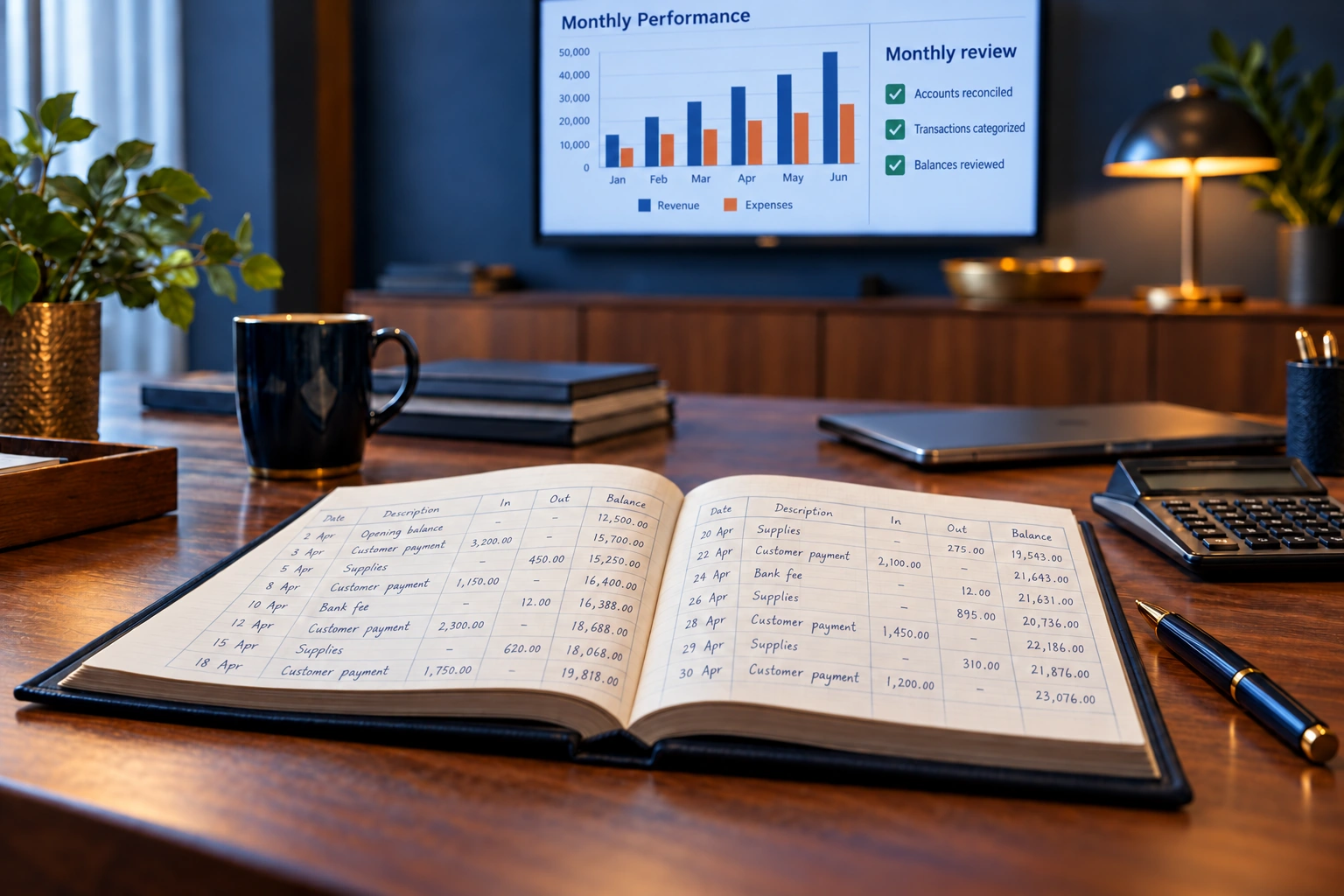Transaction records in the foreground with a financial overview in the background