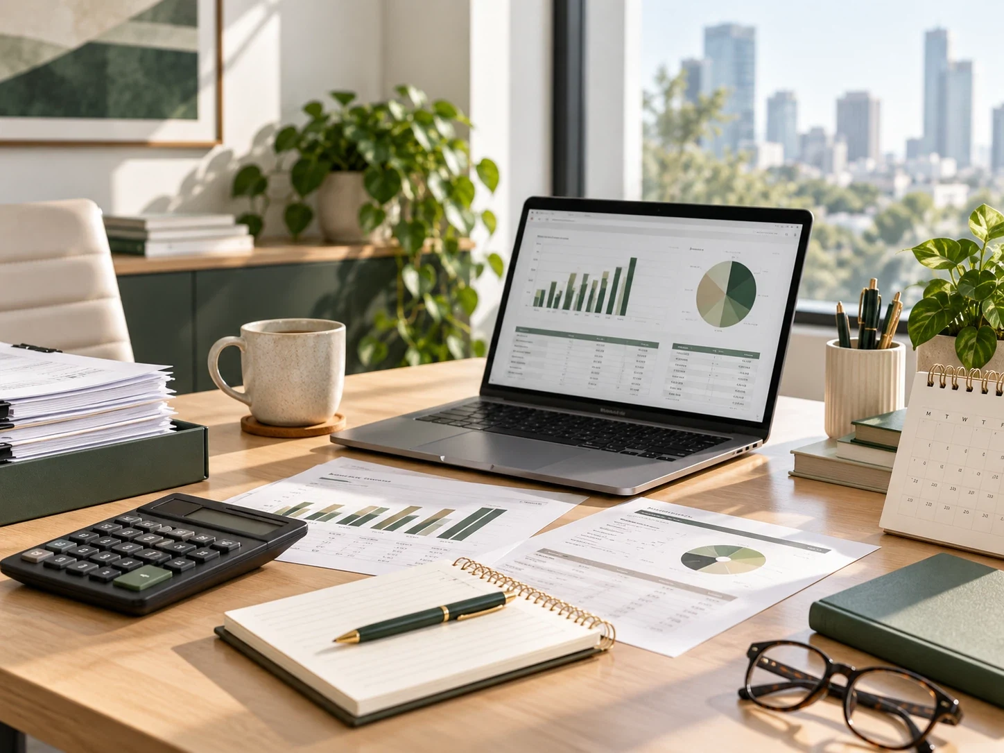 A laptop showing financial charts beside reports and a calculator