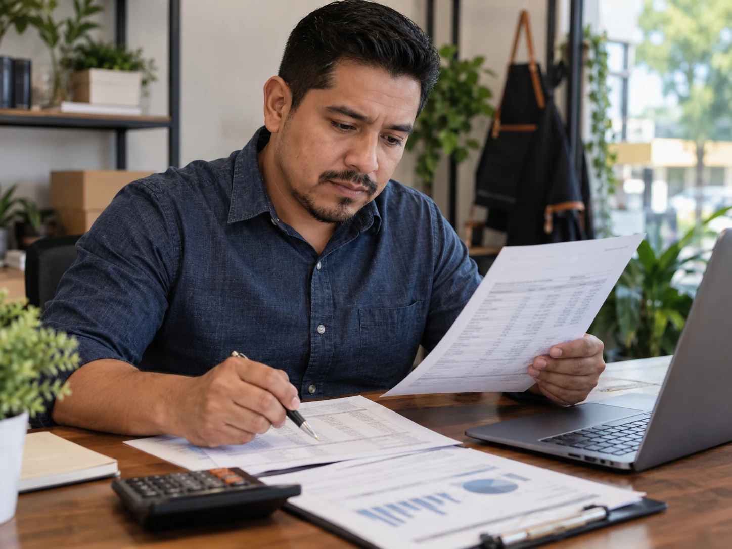 Reviewing a business report beside a laptop and calculator