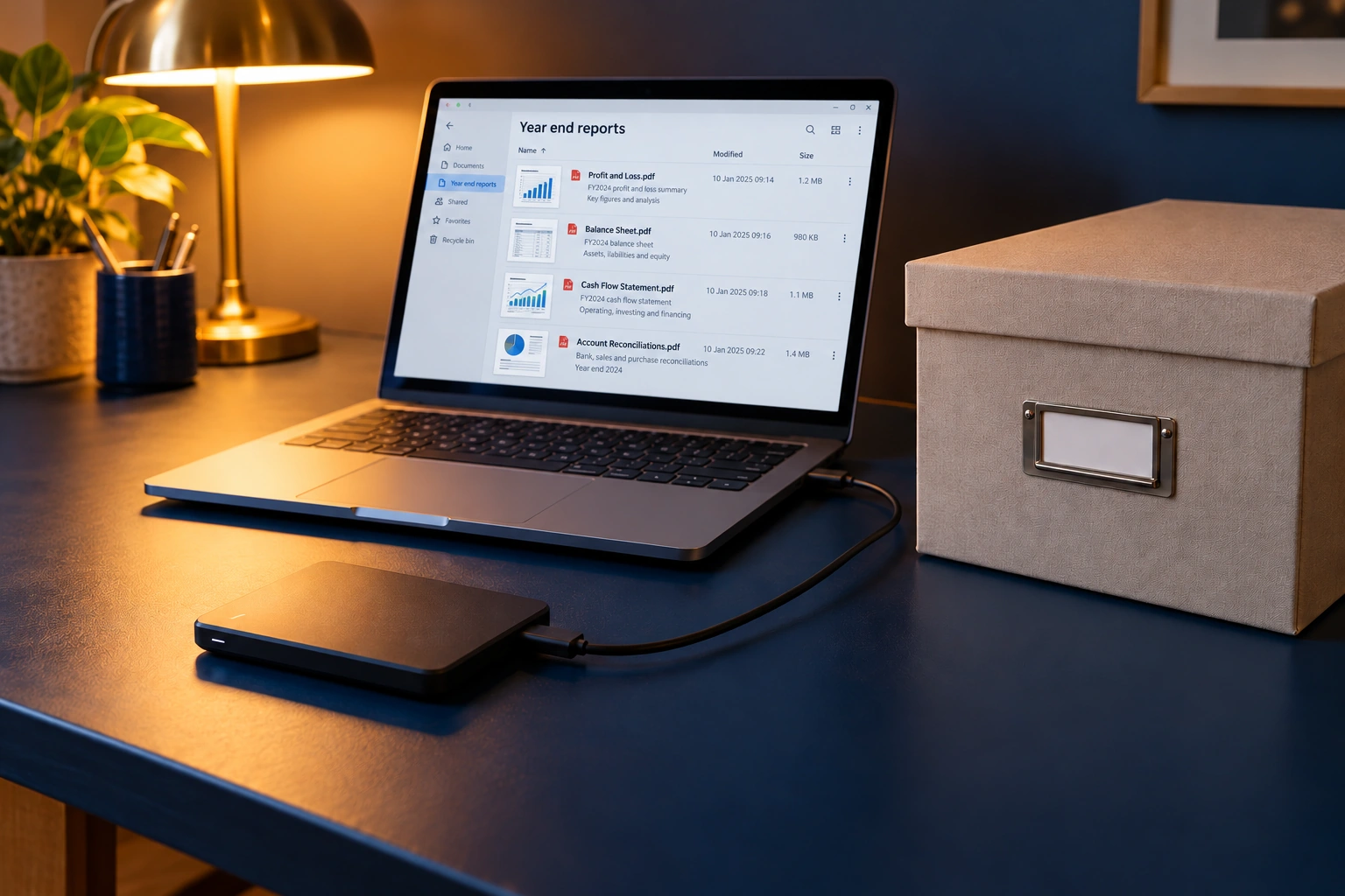 Saving digital financial reports to an organized backup archive