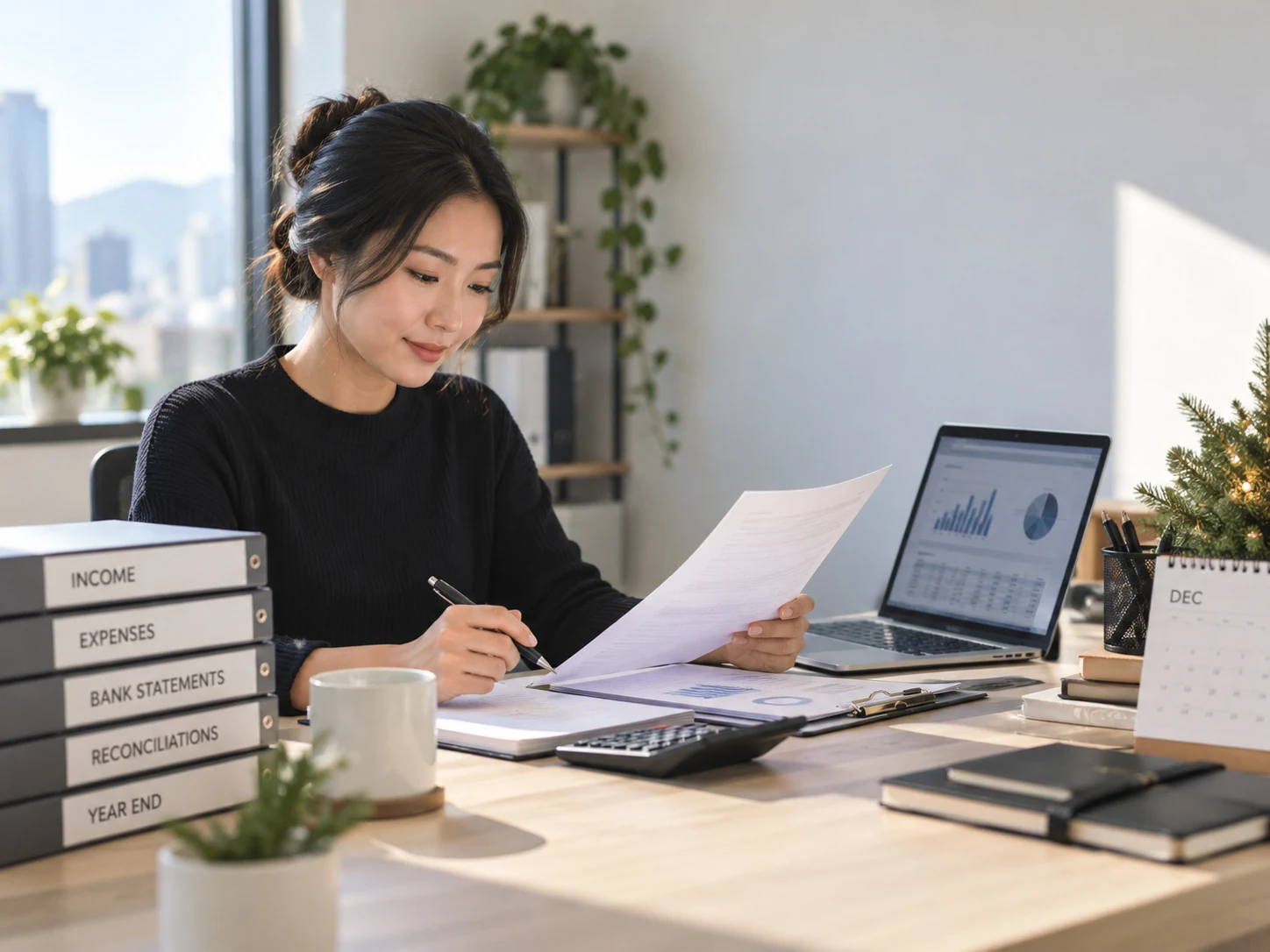 Reviewing annual accounting records and financial reports