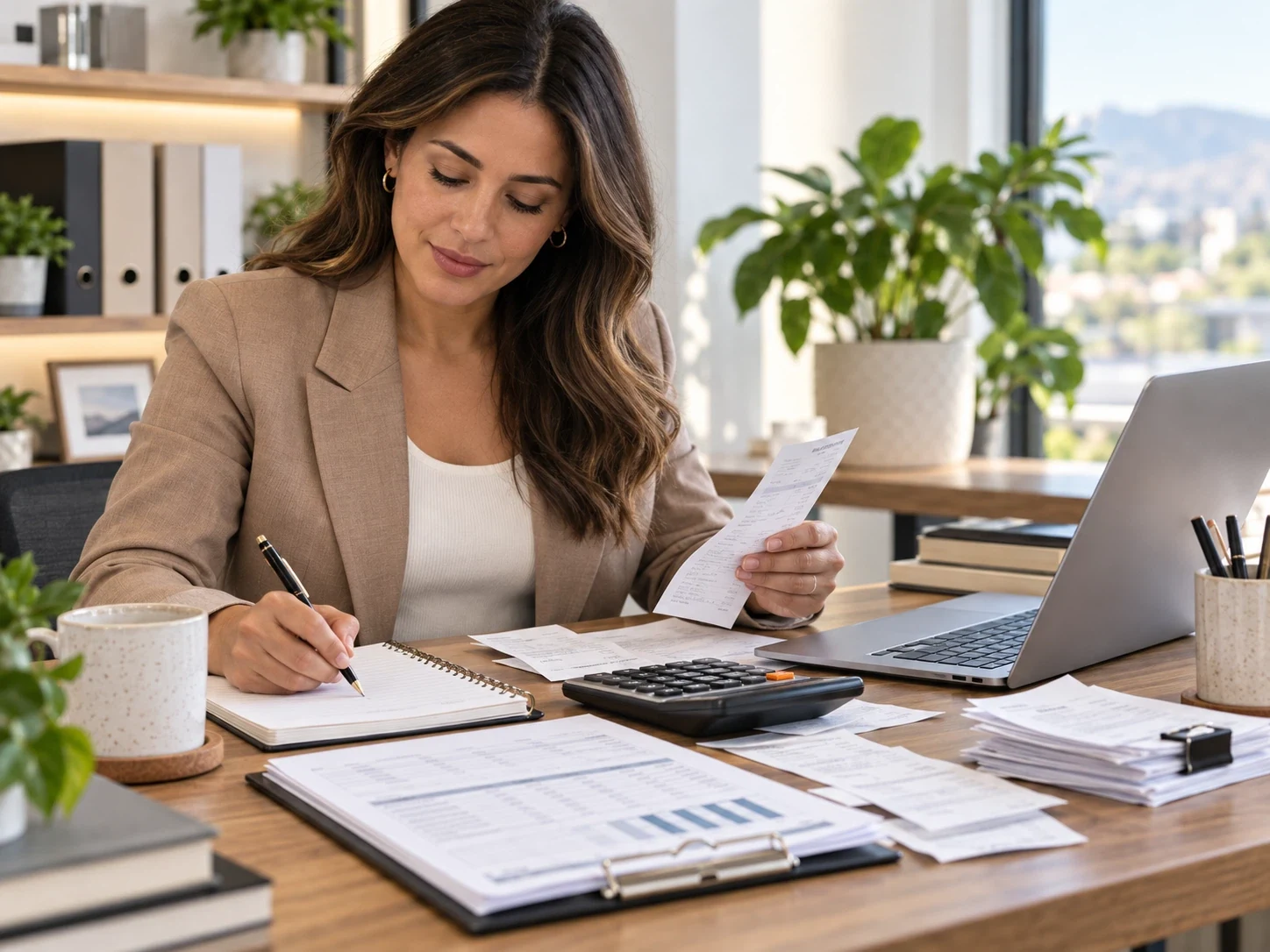 Checking a printed business report with a calculator