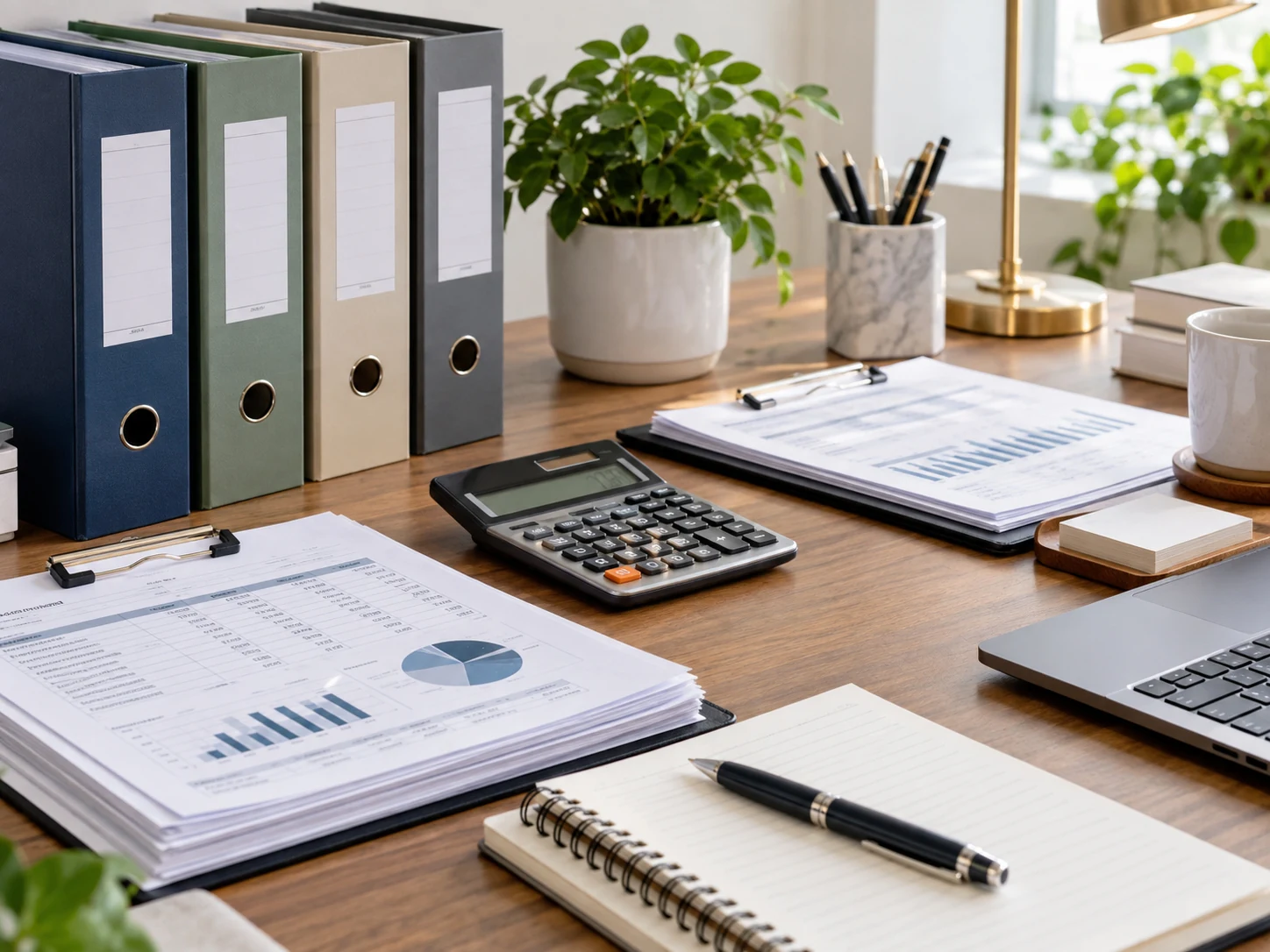 An accounting workspace with organized files, reports and a calculator