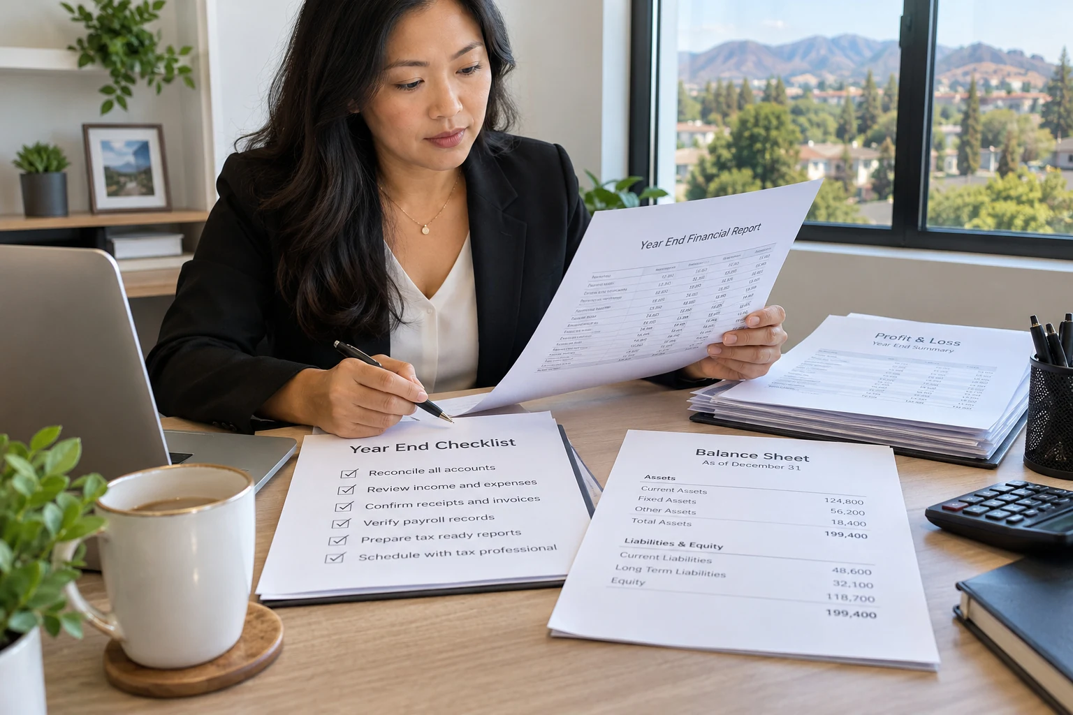 Checking business documents and a financial report