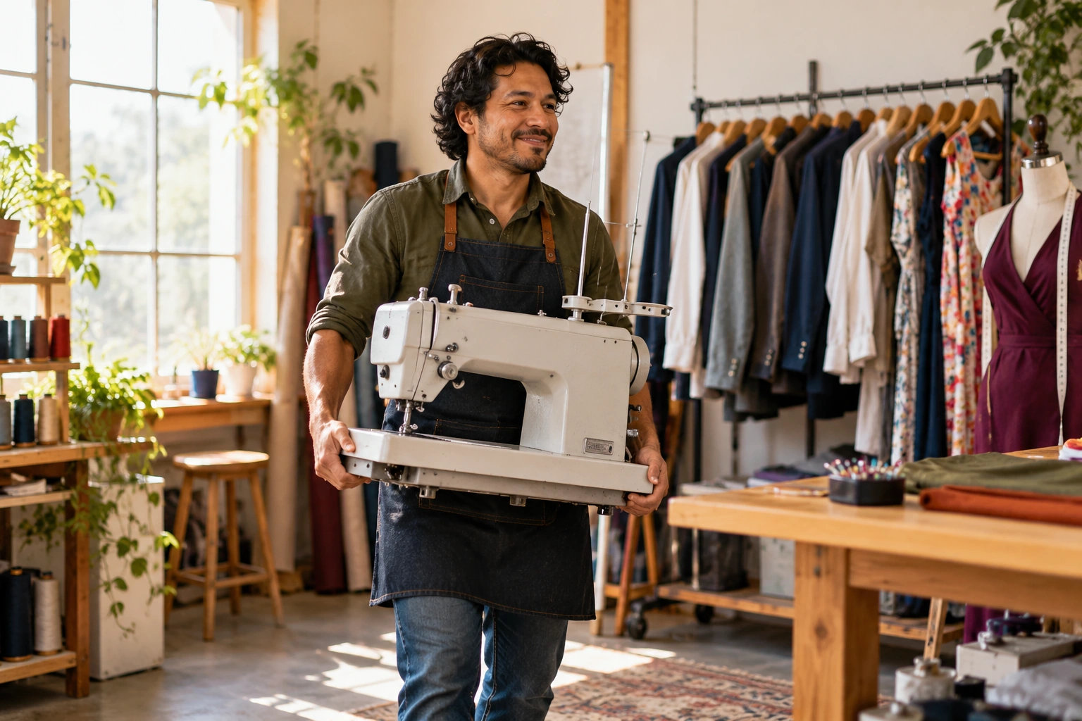 Tailoring business owner bringing equipment into the workshop