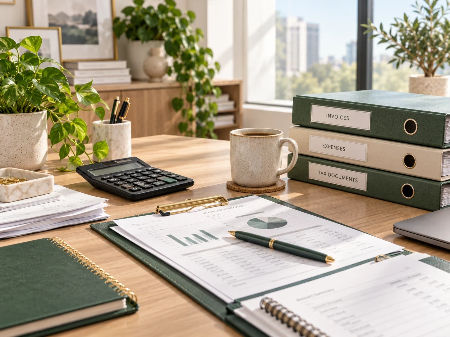 Financial reports, organized record folders and a calculator
