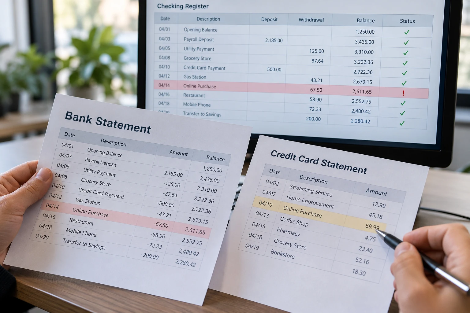 Bank and credit card statements being compared with bookkeeping records