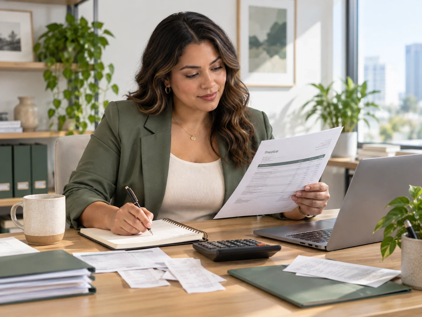 Reviewing financial documents beside a laptop