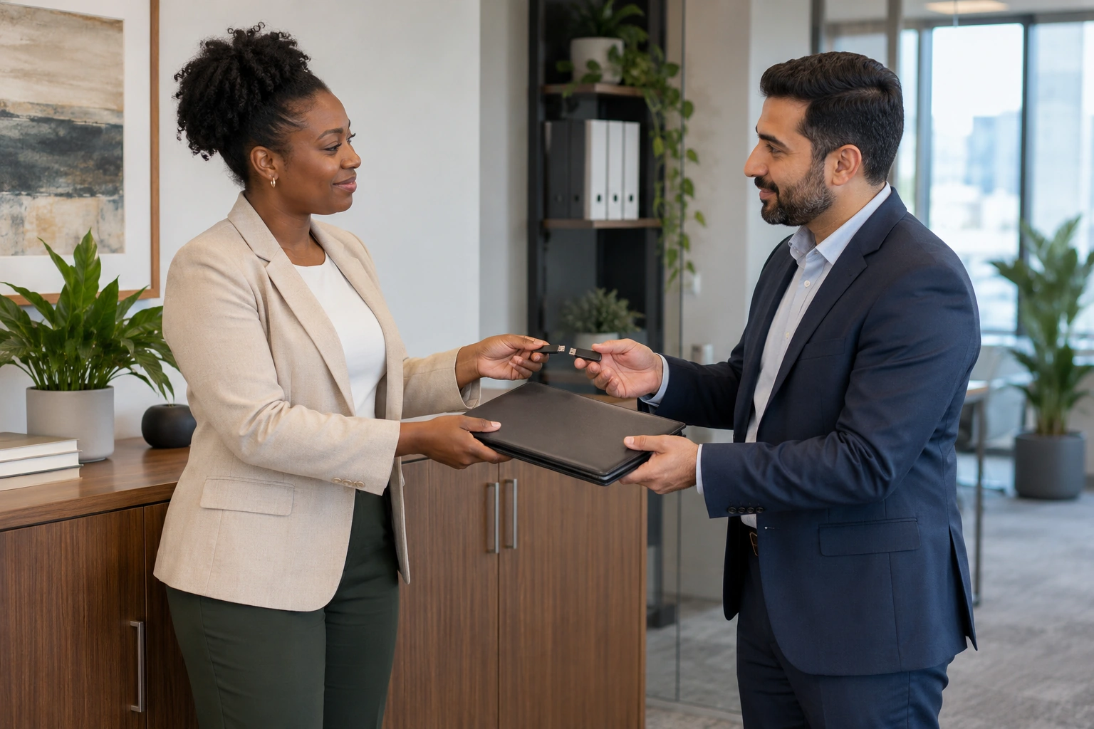 Two professionals exchanging a closed records folio and a digital drive