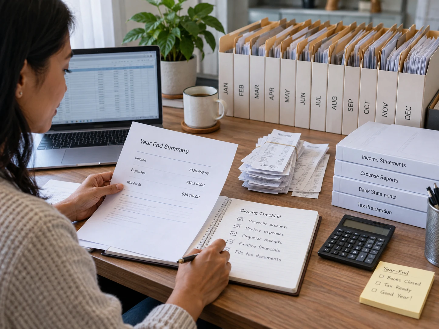 Reviewing annual records and organized monthly folders